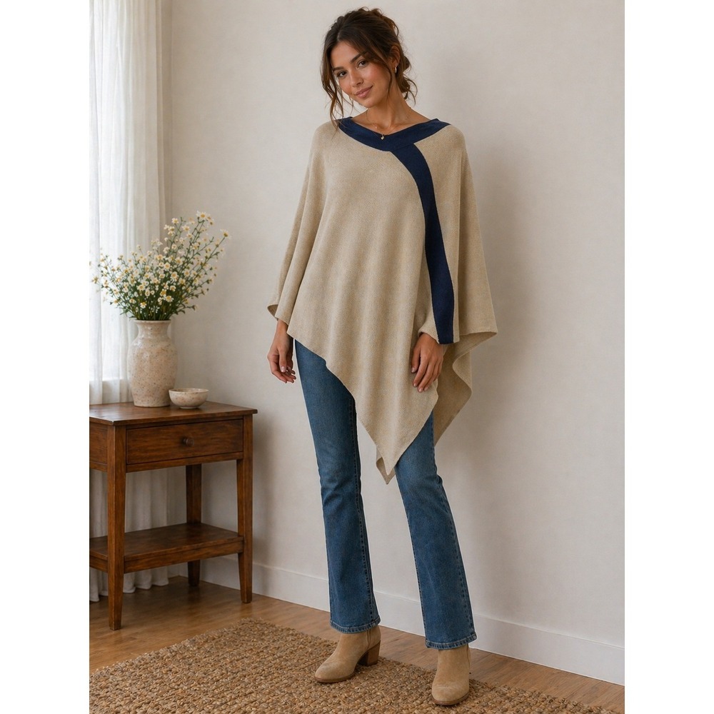 Novica Poncho Women One‎ Size Tan Navy Alpaca Blend Knit Wrap Boho Layering Peru